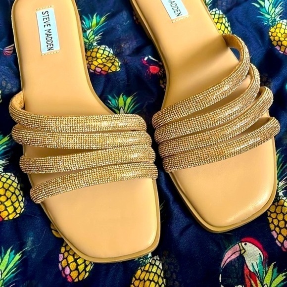 Brand New Steve Madden Rhinestone Multi-Strap Slip-On Sandals Bling Bronze Slide - Picture 3 of 15